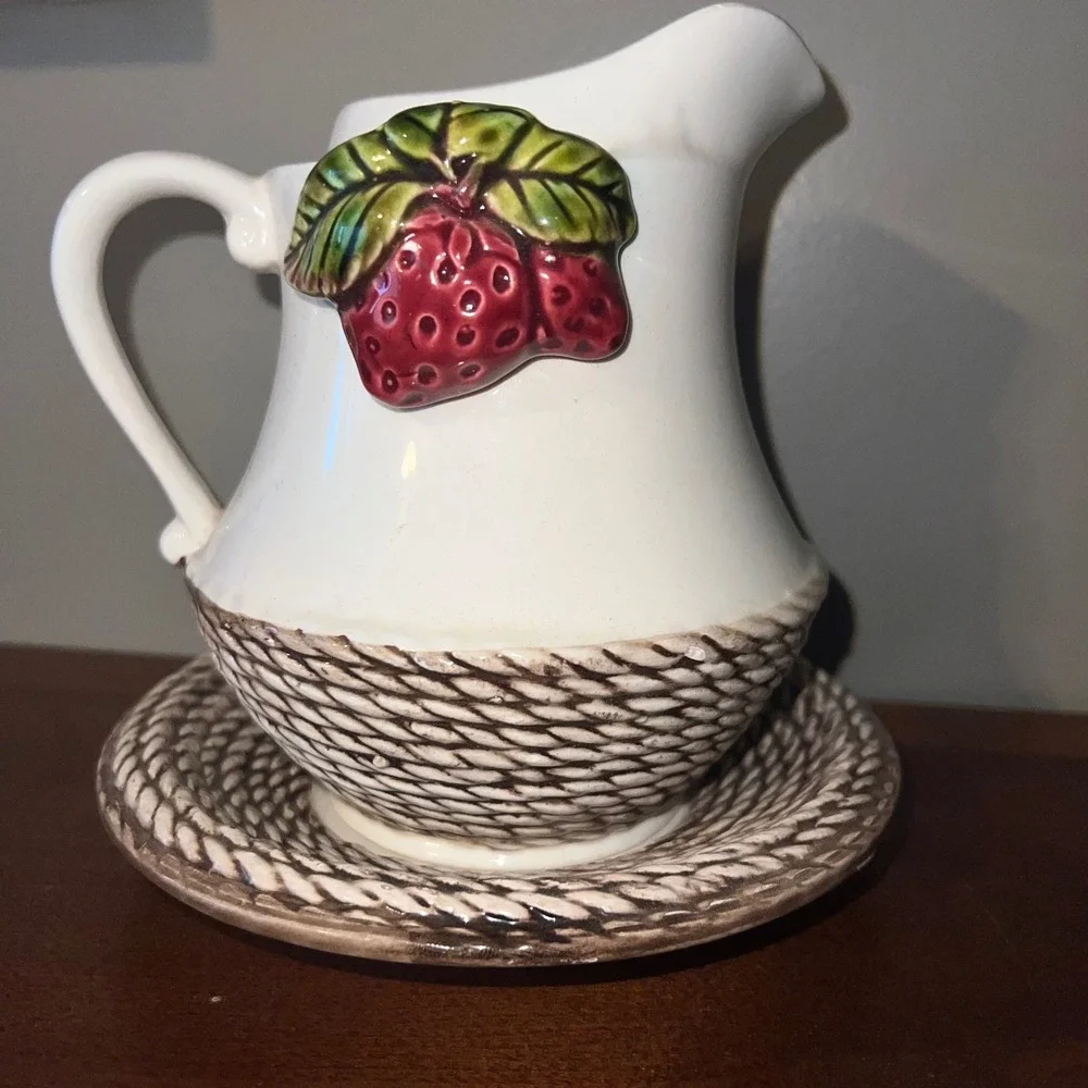 Strawberry Pitcher and Saucer Set White Brown Rustic Basket Weave Decor Ceramic